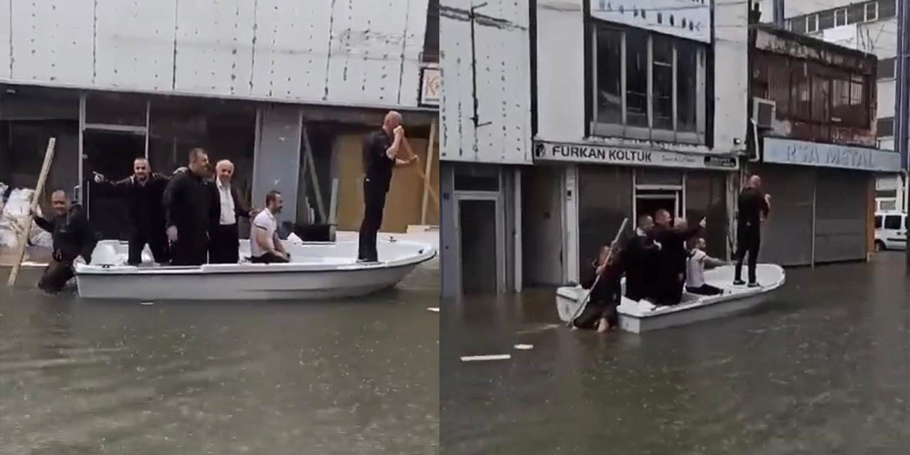 Samsun'daki sel baskınında kayıkla gezenler gündem oldu