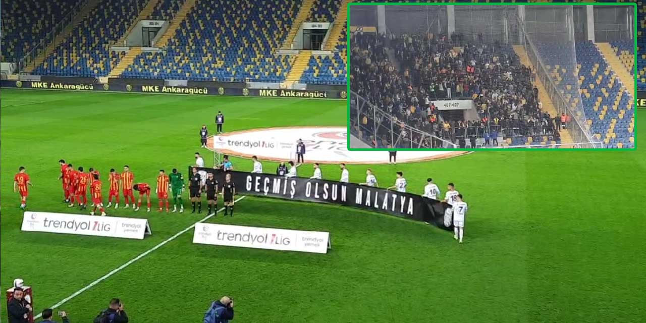 Ankaragücü taraftarı Eryaman'da deplasman tribününde: Geçmiş olsun Malatya" pankartı, Bursaspor sloganı...